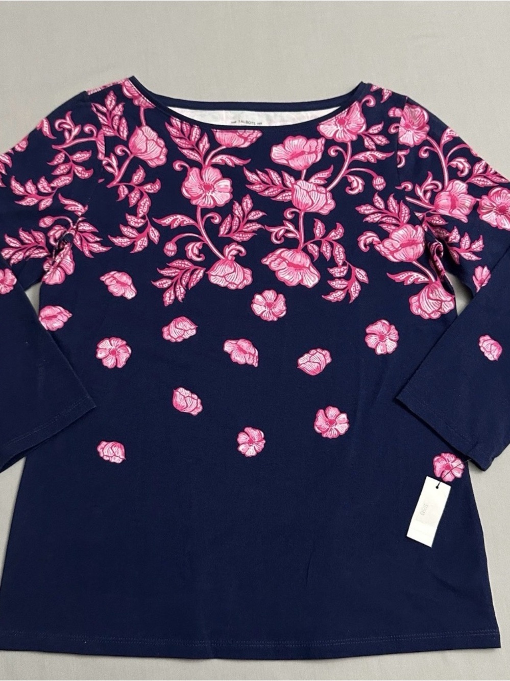 NWT Talbots Women's Navy Floral Boatneck Top Pink Embroidery 3/4 Sleeve Small